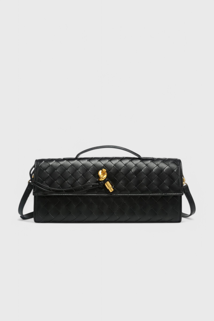 Women vegan leather baguette clutch bag with gold knot hardware and crossbody strap