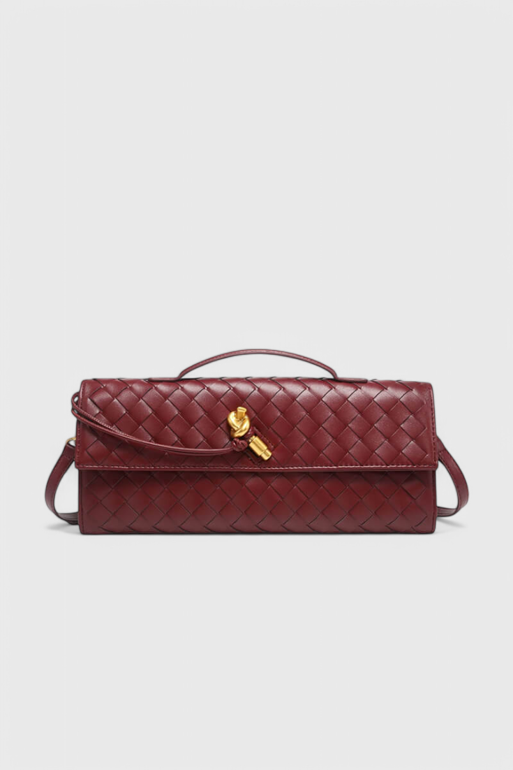 Women vegan leather baguette clutch bag with gold knot hardware and crossbody strap