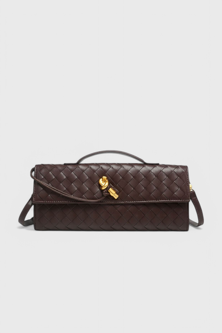 Women vegan leather baguette clutch bag with gold knot hardware and crossbody strap