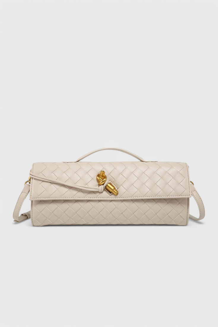 Women vegan leather baguette clutch bag with gold knot hardware and crossbody strap