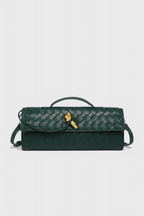 Women vegan leather baguette clutch bag with gold knot hardware and crossbody strap