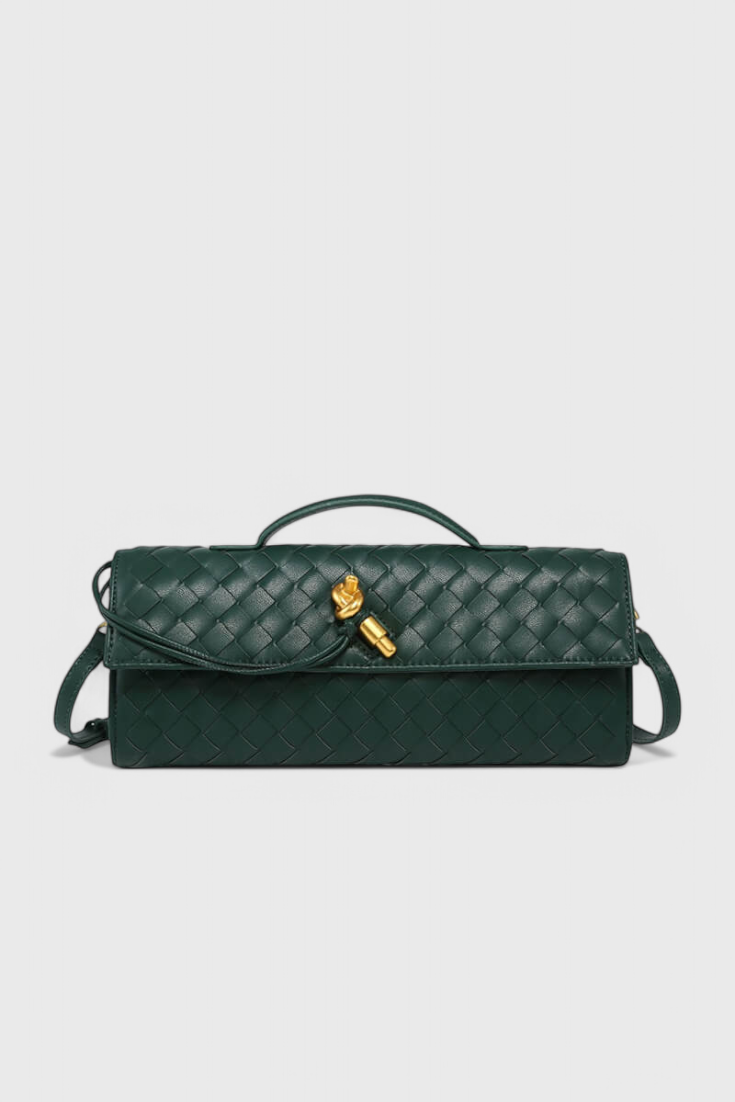 Women vegan leather baguette clutch bag with gold knot hardware and crossbody strap