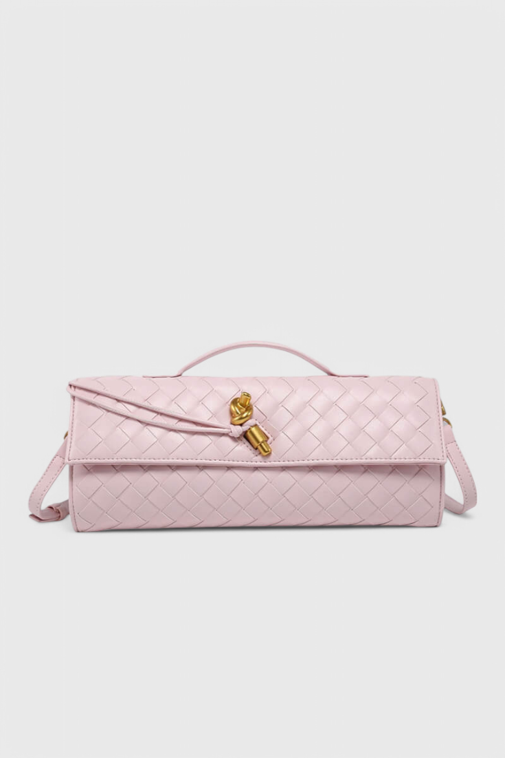 Women vegan leather baguette clutch bag with gold knot hardware and crossbody strap
