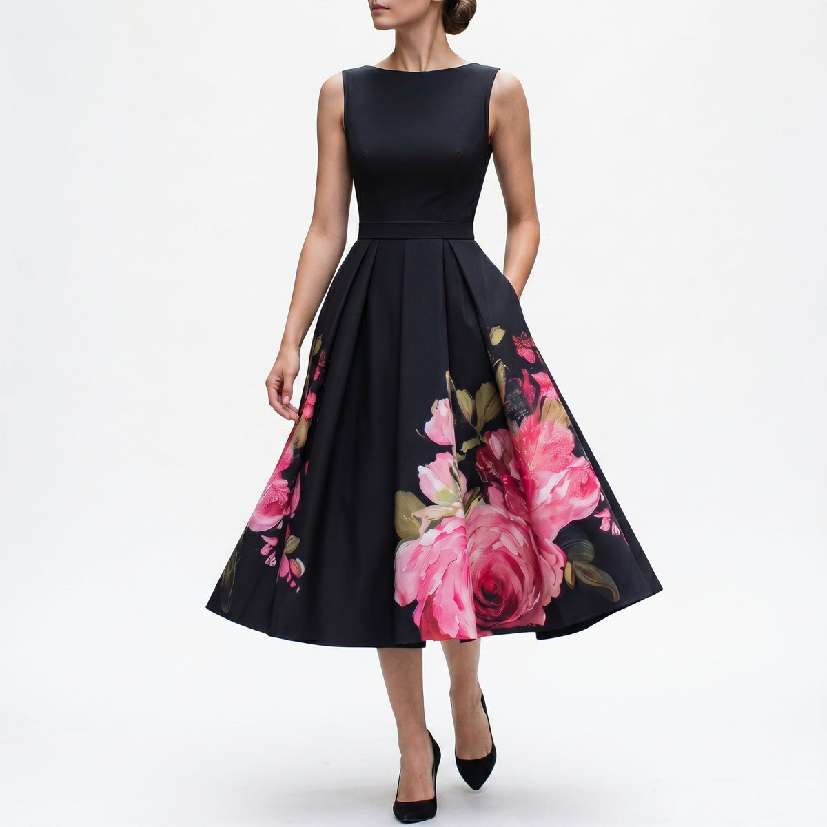 Cocktail Party Dress Women Black Midi Sleeveless Bateau Neckline