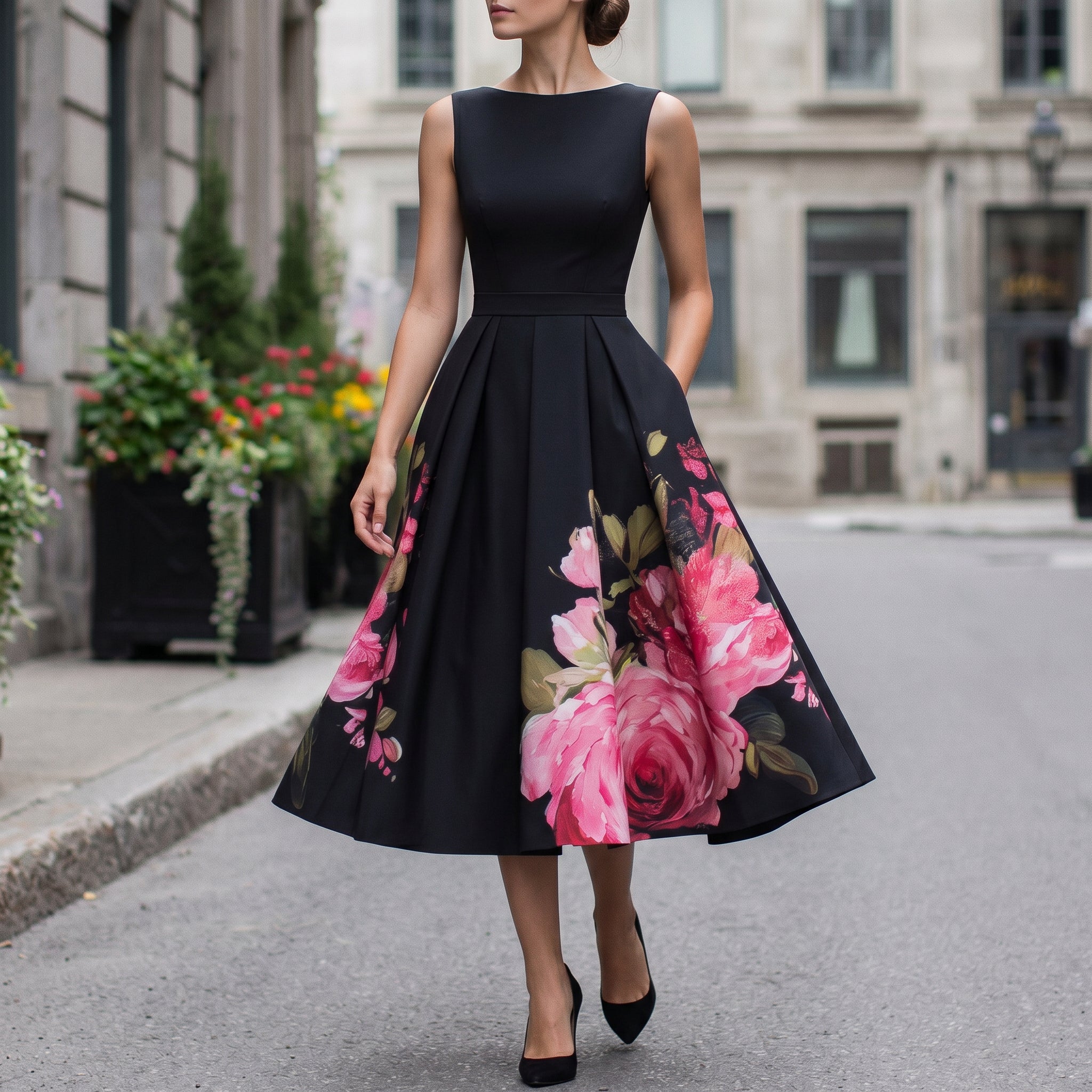 Black midi cocktail dress with floral print A-line skirt and sleeveless bateau neckline