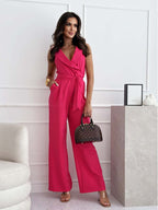 Women's sleeveless V-neck wide-leg tailored jumpsuit in multiple colours