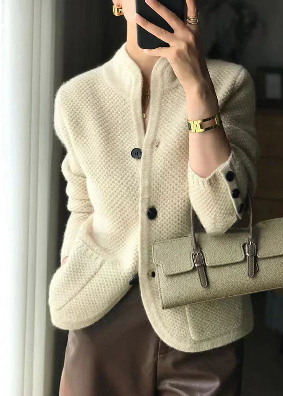 Women knit cardigan stand collar button front textured waffle knit