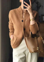 Women knit cardigan stand collar button front textured waffle knit