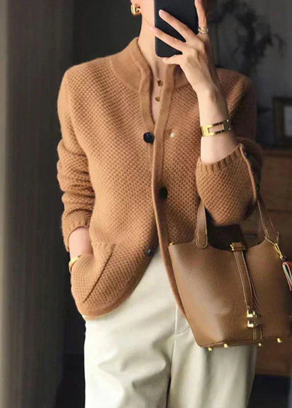 Women knit cardigan stand collar button front textured waffle knit
