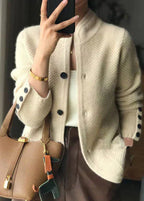 Women knit cardigan stand collar button front textured waffle knit