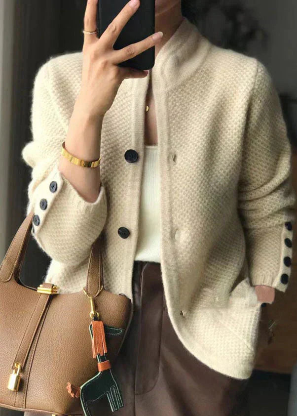 Women knit cardigan stand collar button front textured waffle knit