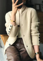 Women knit cardigan stand collar button front textured waffle knit