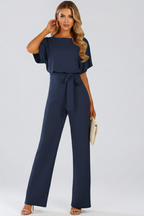 Women's wide leg jumpsuit with tie belt and short sleeves, full length