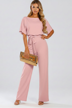 Women's wide leg jumpsuit with tie belt and short sleeves, full length