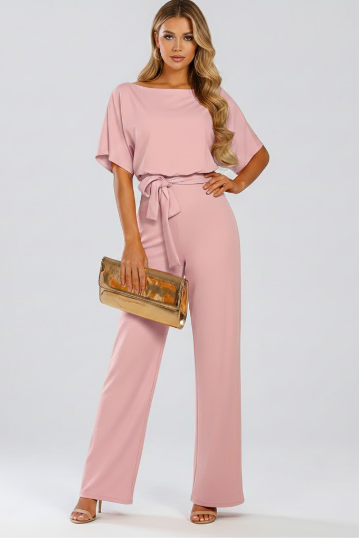 Women's wide leg jumpsuit with tie belt and short sleeves, full length
