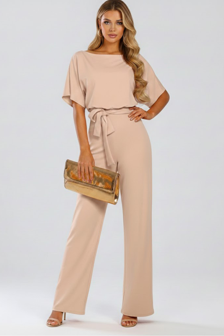 Women's wide leg jumpsuit with tie belt and short sleeves, full length