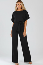 Women's wide leg jumpsuit with tie belt and short sleeves, full length