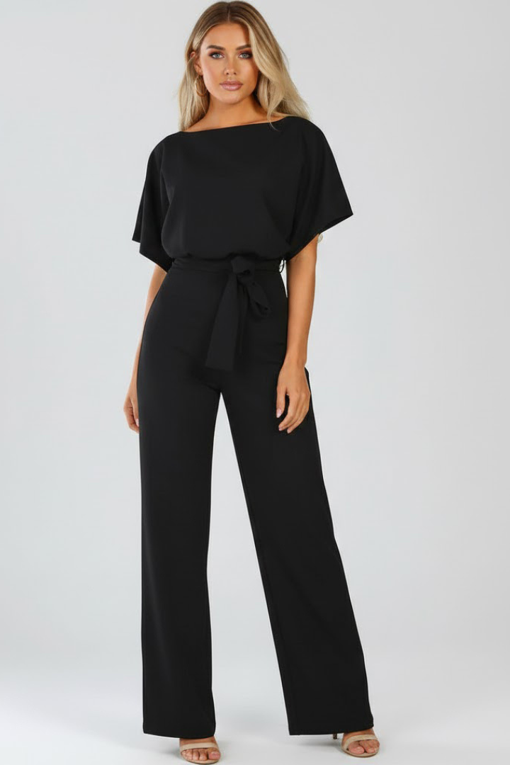 Women's wide leg jumpsuit with tie belt and short sleeves, full length