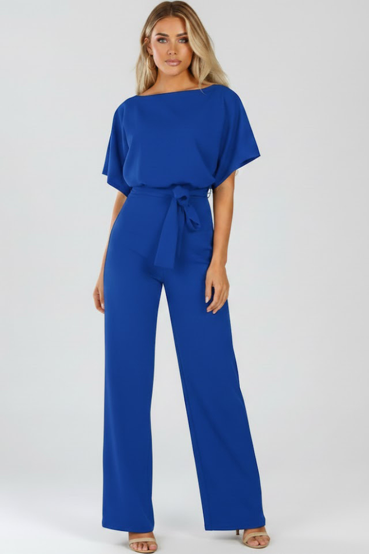 Women's wide leg jumpsuit with tie belt and short sleeves, full length