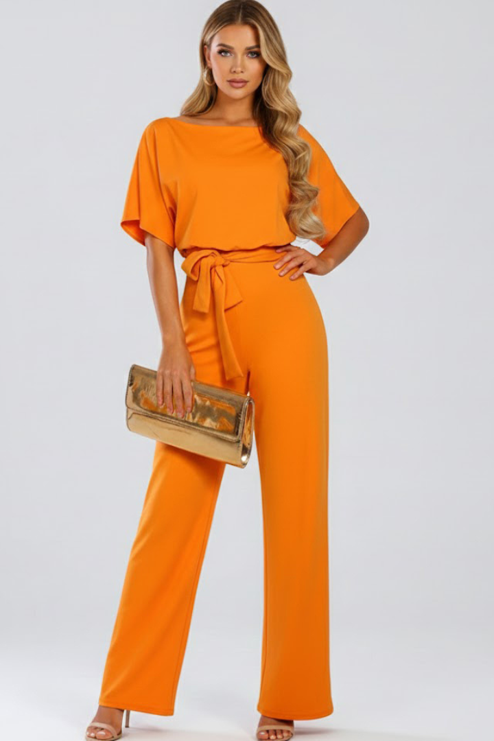 Women's wide leg jumpsuit with tie belt and short sleeves, full length