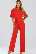 Women's wide leg jumpsuit with tie belt and short sleeves, full length
