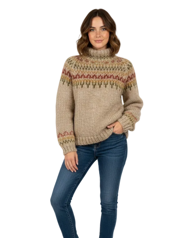Women Nordic pattern relaxed fit sweater in beige and grey