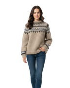 Women Nordic pattern relaxed fit sweater in beige and grey