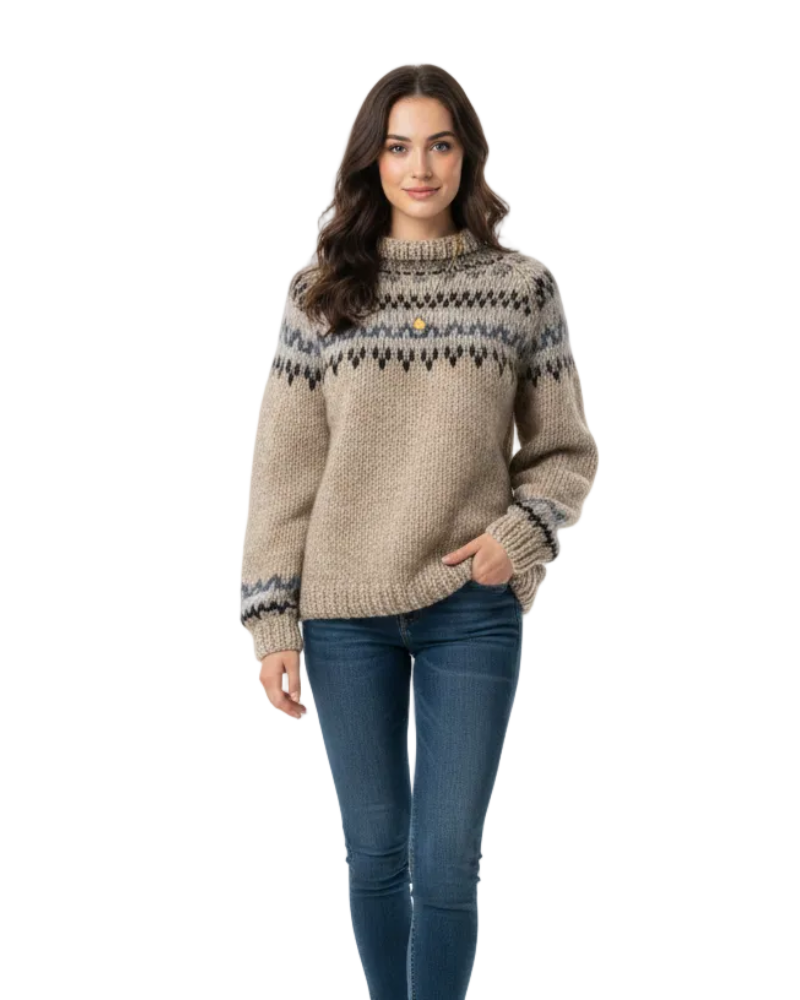 Women Nordic pattern relaxed fit sweater in beige and grey