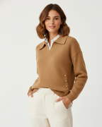Women soft knit V-neck sweater with shirt collar and gold button detail