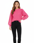 Women's ribbed knit sweater with puff sleeves and round neckline, fall winter