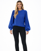 Women's ribbed knit sweater with puff sleeves and round neckline, fall winter