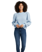 Women's ribbed knit sweater with puff sleeves and round neckline, fall winter