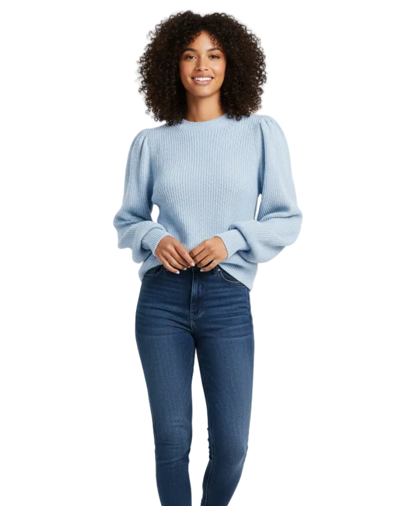 Women's ribbed knit sweater with puff sleeves and round neckline, fall winter