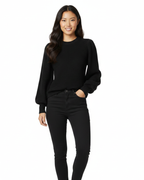Women's ribbed knit sweater with puff sleeves and round neckline, fall winter