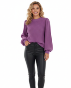 Women's ribbed knit sweater with puff sleeves and round neckline, fall winter