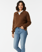 Women soft knit V-neck sweater with shirt collar and gold button detail