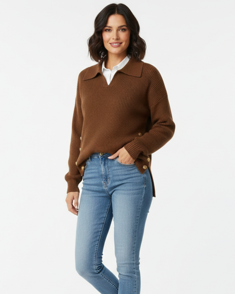 Women soft knit V-neck sweater with shirt collar and gold button detail