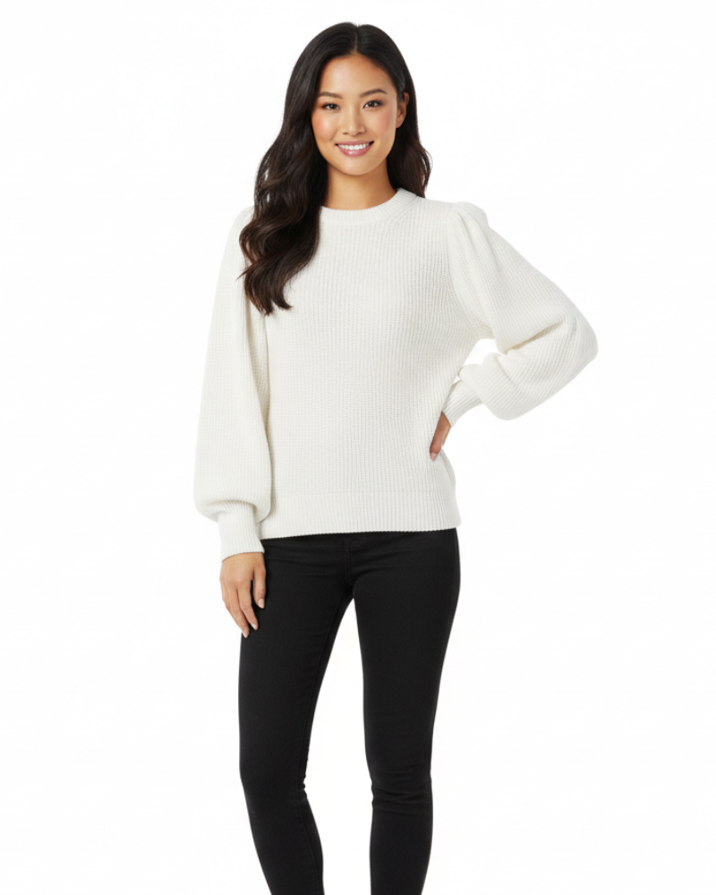 Women's ribbed knit sweater with puff sleeves and round neckline, fall winter