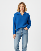 Women soft knit V-neck sweater with shirt collar and gold button detail