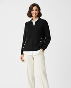 Women soft knit V-neck sweater with shirt collar and gold button detail