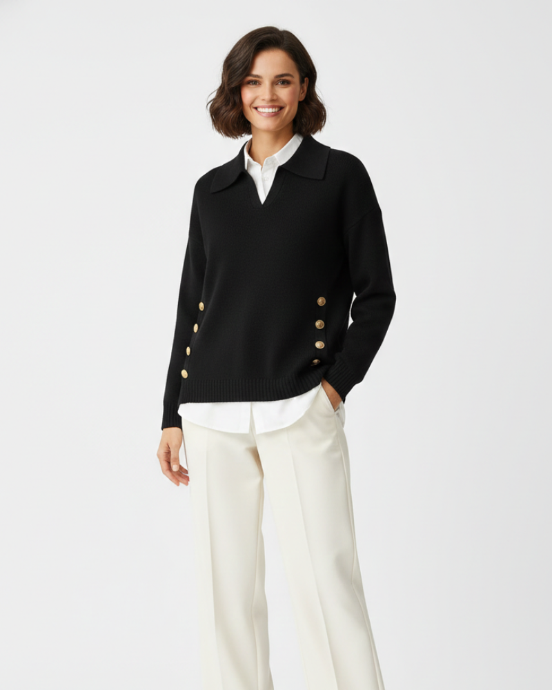 Women soft knit V-neck sweater with shirt collar and gold button detail