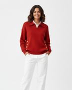Women soft knit V-neck sweater with shirt collar and gold button detail
