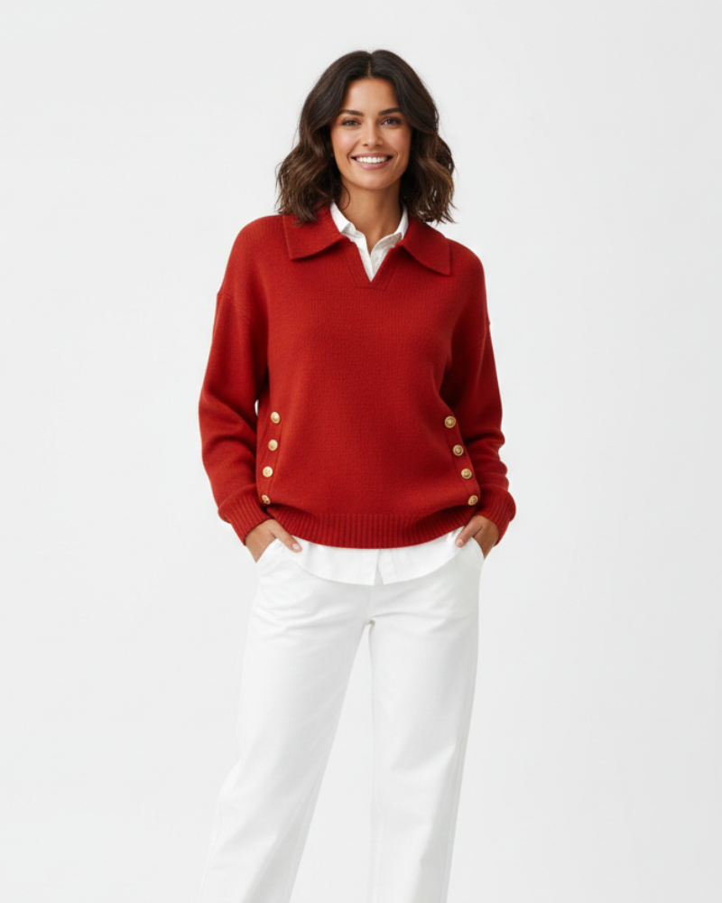 Women soft knit V-neck sweater with shirt collar and gold button detail