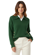 Women soft knit V-neck sweater with shirt collar and gold button detail