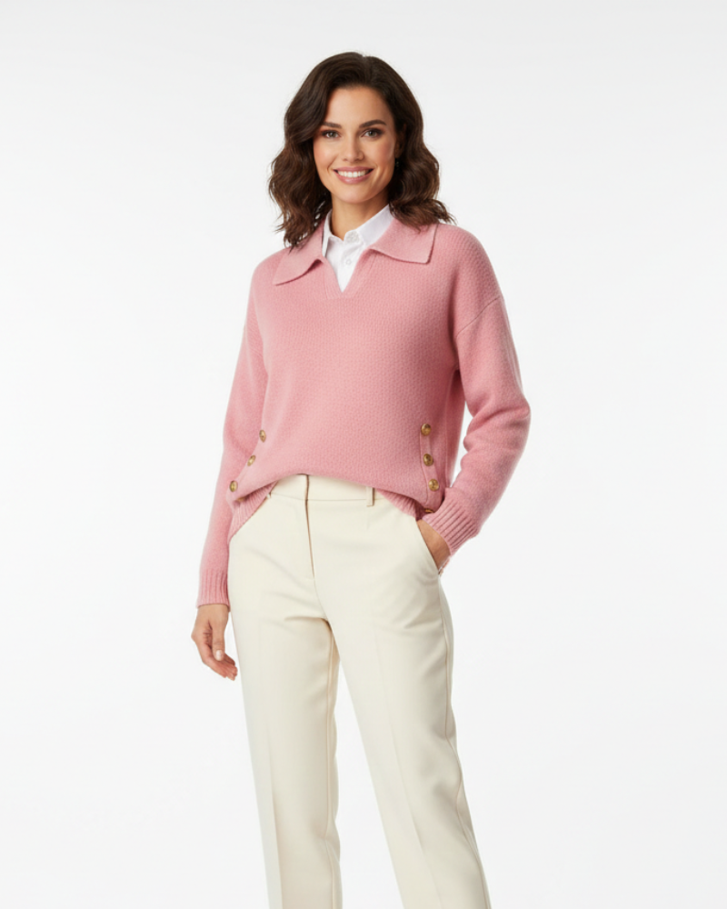 Women soft knit V-neck sweater with shirt collar and gold button detail