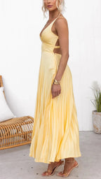 Yellow pleated V-neck maxi dress with adjustable crossover back straps, women's formal dress