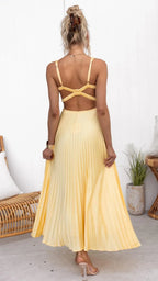 Yellow pleated V-neck maxi dress with adjustable crossover back straps, women's formal dress