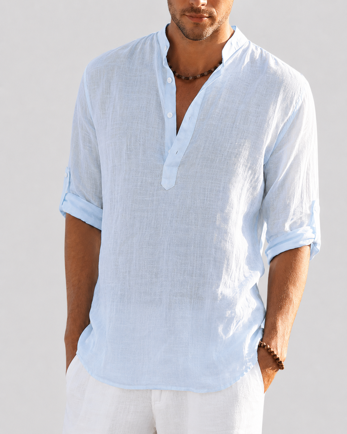 Men's open collar shirt with long sleeves and relaxed fit, lightweight breathable fabric