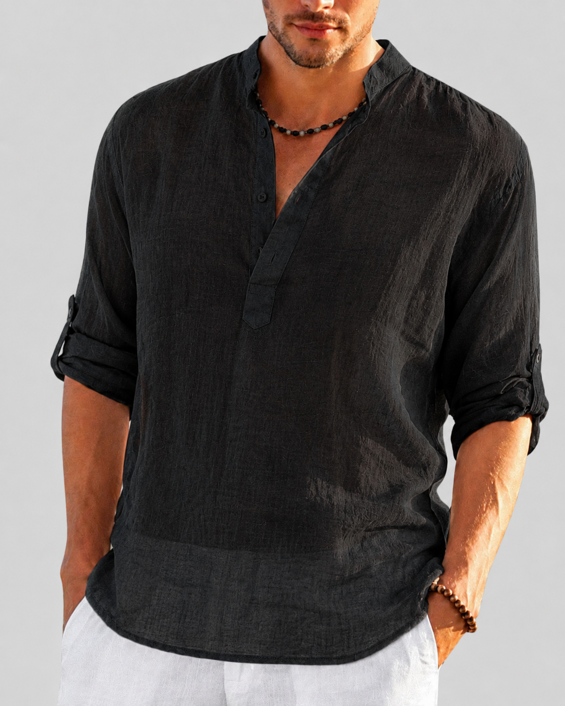 Men's open collar shirt with long sleeves and relaxed fit, lightweight breathable fabric