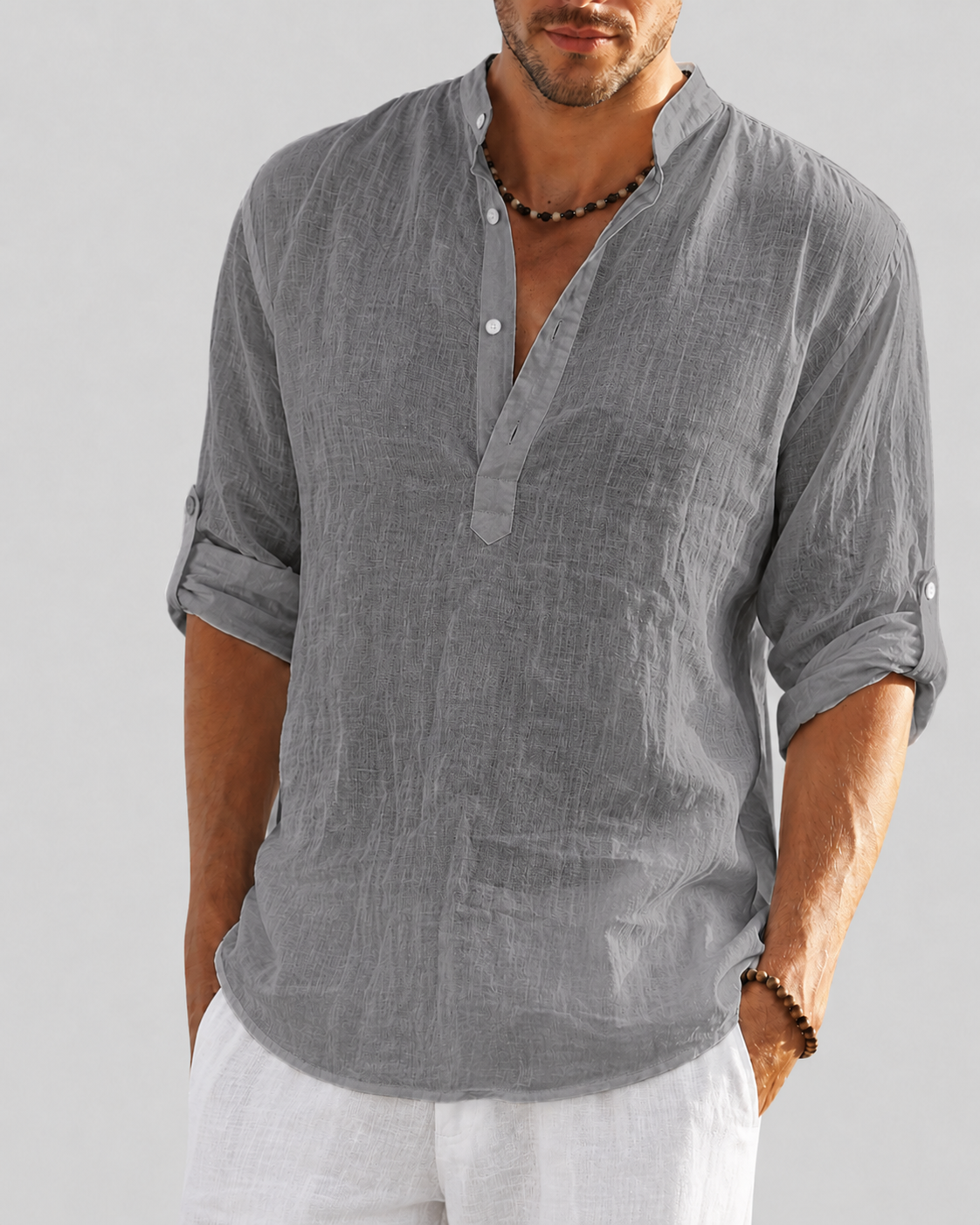 Men's open collar shirt with long sleeves and relaxed fit, lightweight breathable fabric